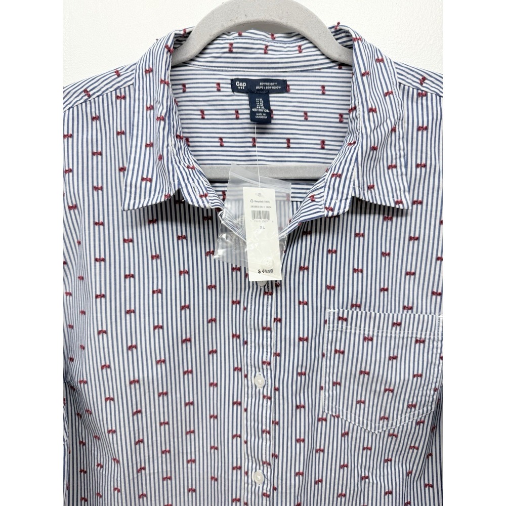 Gap Boyfriend Fit Shirt XL Blue Stripe Red Bow Embroidered Button Down New #66 - Picture 3 of 7